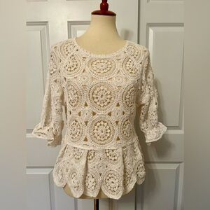 Solitaire Adorable White Crochet Peplum Top 3/4 Sleeves